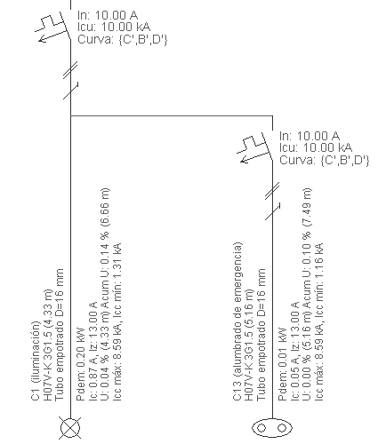 Electricidad. Conexión de circuito de alumbrado de emergencia con otro de alumbrado normal en el esquema unifilar