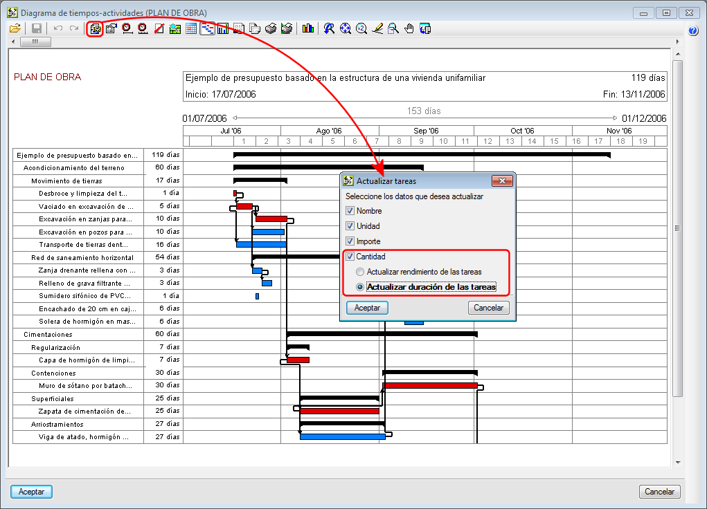 Arquímedes. Actualización de tareas en el Diagrama de Gantt en versión 2013.o y posteriores