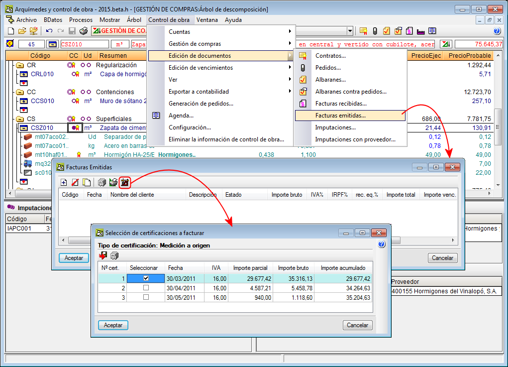 Arquímedes y Control de obra. Crear facturas emitidas de certificacones cerradas