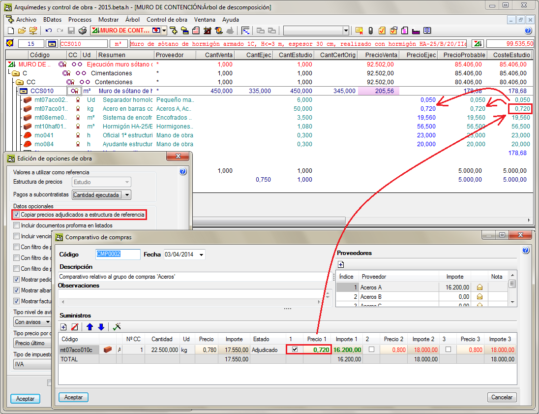 Arquímedes y Control de obra. Copiar precios adjudicados en comparativos de compras a la estructura de precios de referencia del control de obra