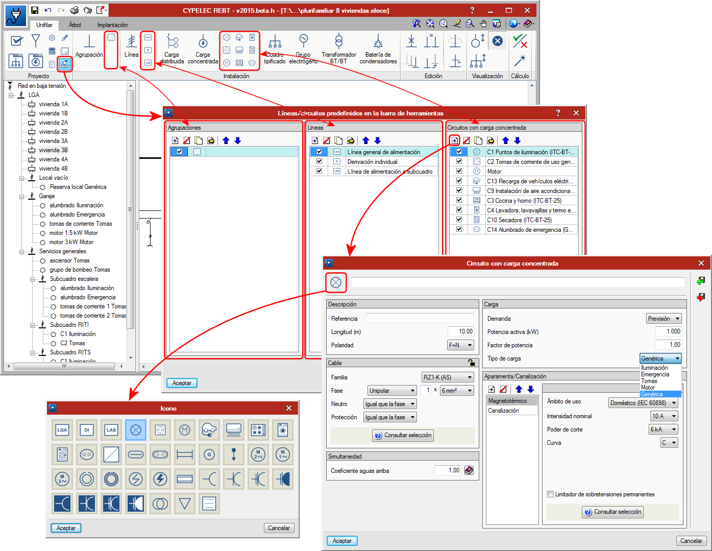 CYPELEC REBT. Configuración de iconos de acceso rápido para líneas y circuitos con carga concentrada