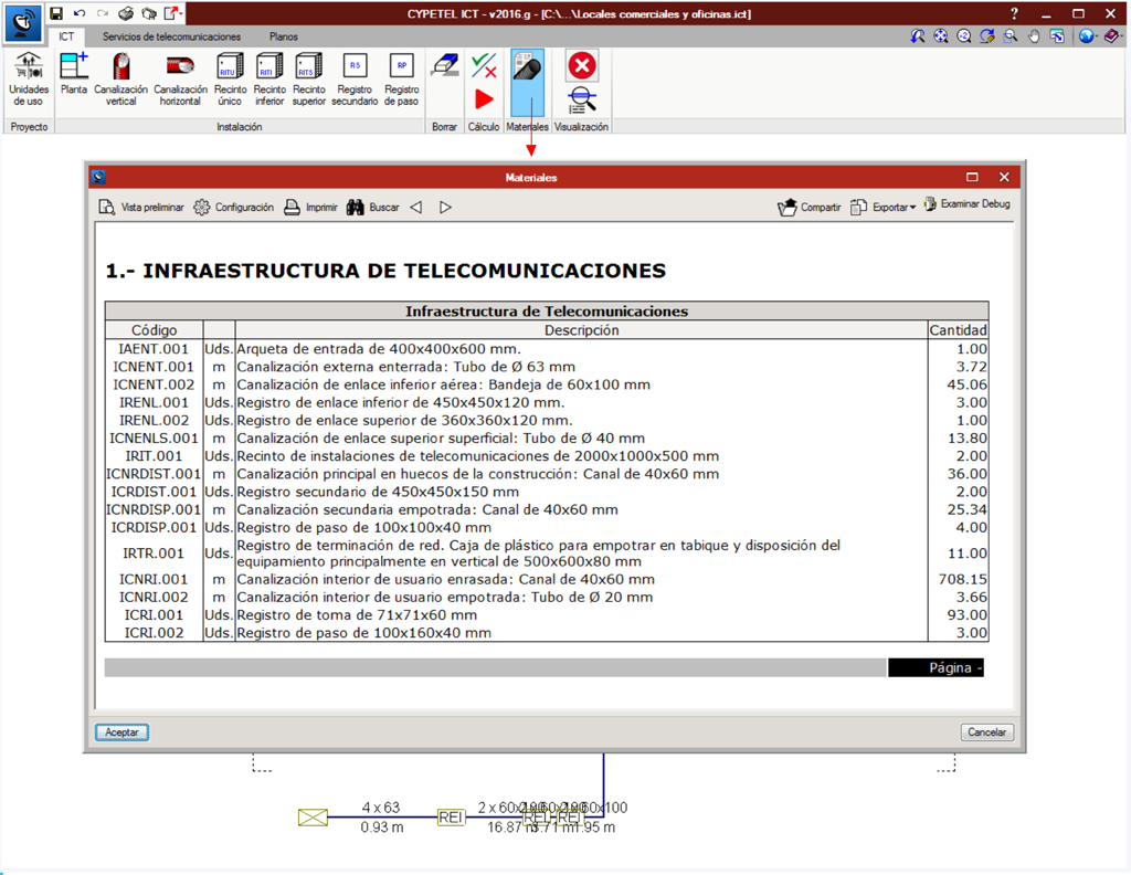 CYPETEL ICT. Cuadro de materiales en la solapa ICT