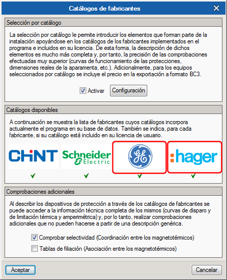 Características técnicas por catálogo. Productos "GENERAL ELECTRIC" y "HAGER"