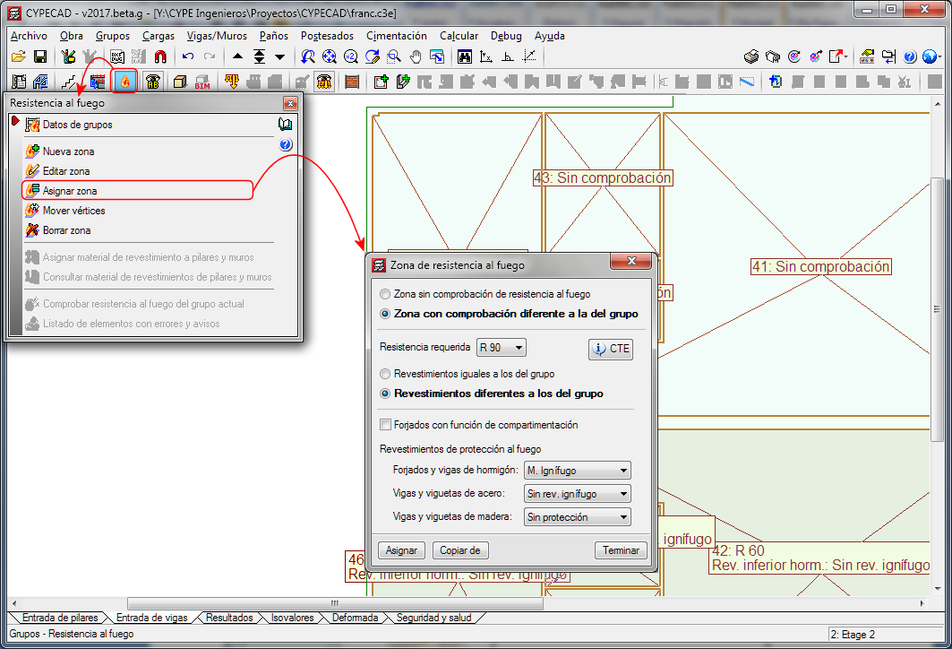 CYPECAD. Asignar zona de comprobación de la resistencia a incendio