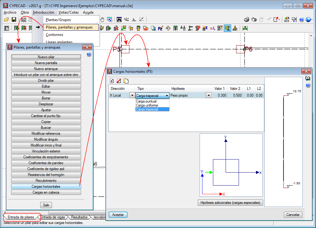 CYPECAD. Cargas horizontales trapezoidales en pilares