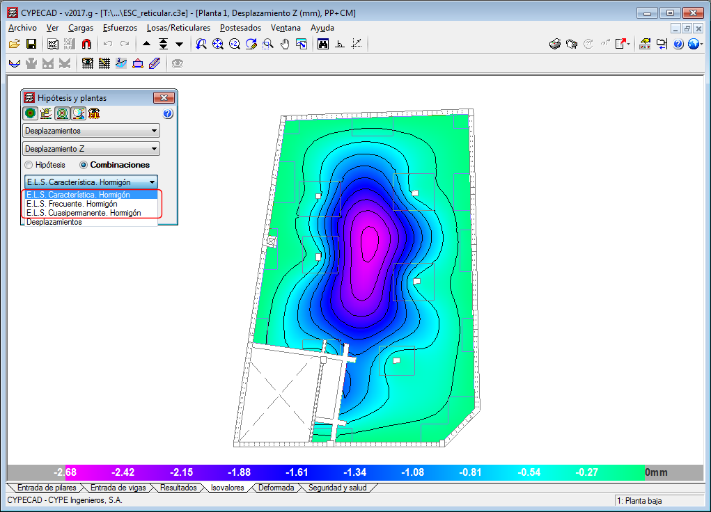 CYPECAD. Representación de los E.L.S de combinaciones de desplazamientos en las gráficas de isovalores