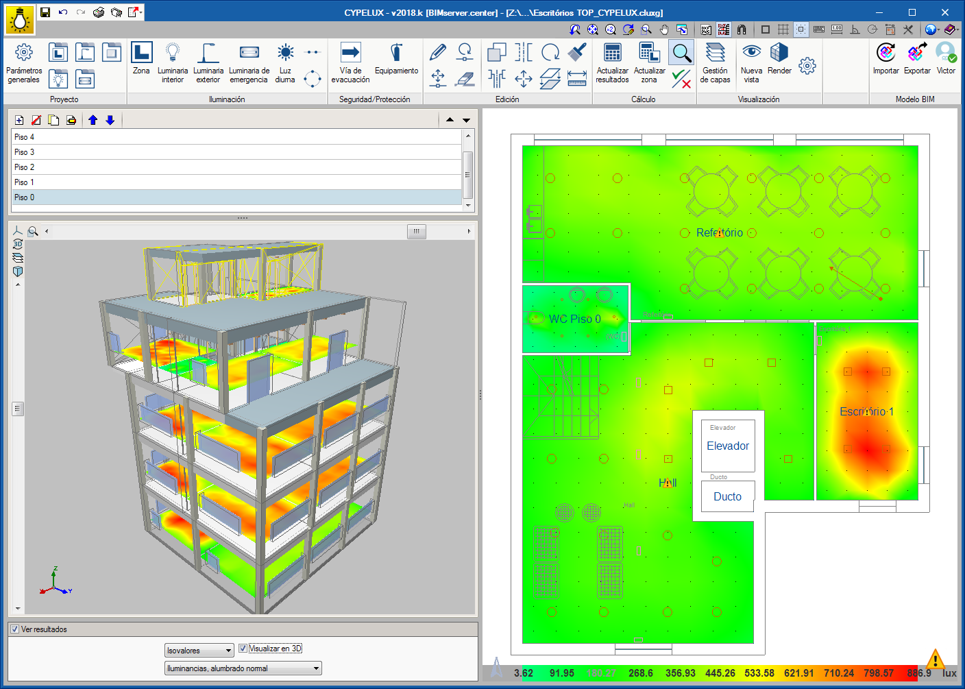 CYPELUX. Diagramas de isovalores en la vista 3D del programa