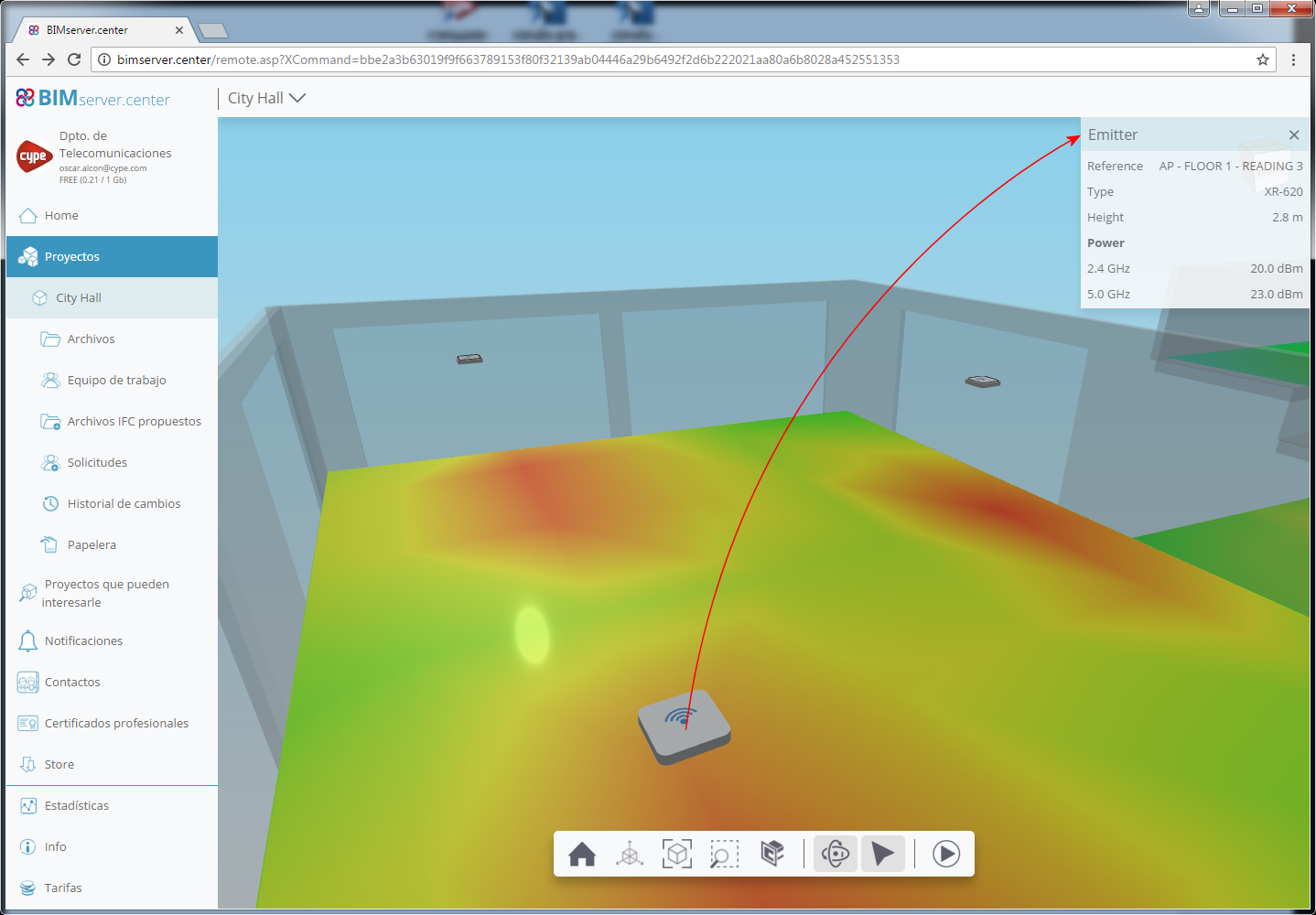 CYPETEL Wireless. Información de los emisores en el visor 3D de BIMserver.center